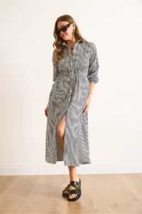 Olalook Women's Black Elastic Waist Pocket Maxi Shirt Dress - Image 4