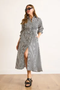 Olalook Women's Black Elastic Waist Pocket Maxi Shirt Dress - Image 5