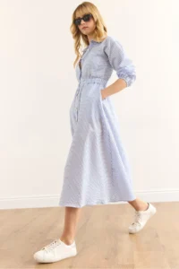 Olalook Women's Blue Elastic Waist Pocket Maxi Shirt Dress