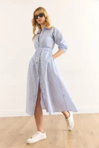 Olalook Women's Blue Elastic Waist Pocket Maxi Shirt Dress - Image 3