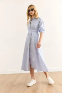 Olalook Women's Blue Elastic Waist Pocket Maxi Shirt Dress - Image 4
