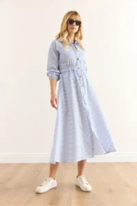 Olalook Women's Blue Elastic Waist Pocket Maxi Shirt Dress - Image 5