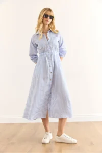 Olalook Women's Blue Elastic Waist Pocket Maxi Shirt Dress - Image 6