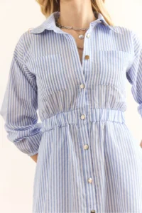 Olalook Women's Blue Elastic Waist Pocket Maxi Shirt Dress - Image 7