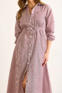 Olalook Women's Claret Red Elastic Waist Pocket Maxi Shirt Dress - Image 6