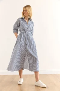 Olalook Women's Navy Blue Elastic Waist Pocket Maxi Shirt Dress - Image 3