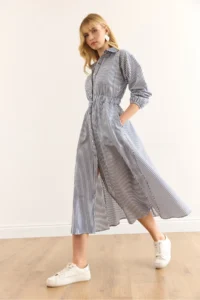 Olalook Women's Navy Blue Elastic Waist Pocket Maxi Shirt Dress - Image 4