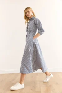 Olalook Women's Navy Blue Elastic Waist Pocket Maxi Shirt Dress - Image 5