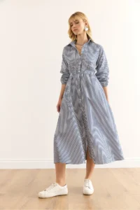 Olalook Women's Navy Blue Elastic Waist Pocket Maxi Shirt Dress - Image 6