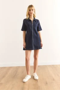 Olalook Women's Navy Blue Zippered Mini Denim Dress - Image 2