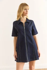 Olalook Women's Navy Blue Zippered Mini Denim Dress - Image 4