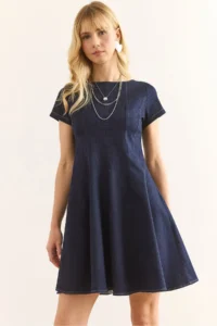 Olalook Women's Navy Blue Zippered Back A-Line Denim Dress