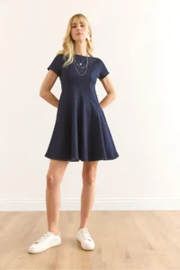 Olalook Women's Navy Blue Zippered Back A-Line Denim Dress - Image 2