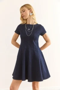 Olalook Women's Navy Blue Zippered Back A-Line Denim Dress - Image 3