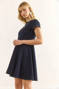 Olalook Women's Navy Blue Zippered Back A-Line Denim Dress - Image 4