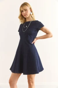 Olalook Women's Navy Blue Zippered Back A-Line Denim Dress - Image 5