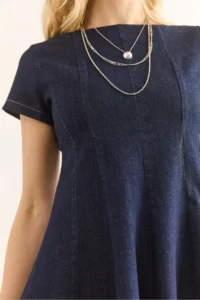 Olalook Women's Navy Blue Zippered Back A-Line Denim Dress - Image 6