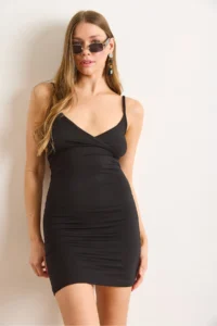 Olalook Women's Black Strap Double Breasted Collar Mini Viscose Dress - Image 4