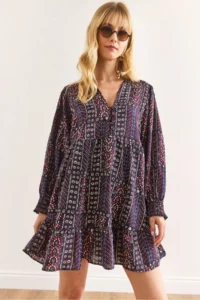 Olalook Women's Multicolored V-Neck Modal Content Mini Dress