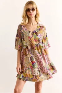 Olalook Women's Multicolor V-Neck Balloon Sleeve Woven Viscose Dress