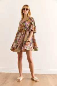 Olalook Women's Multicolor V-Neck Balloon Sleeve Woven Viscose Dress - Image 2