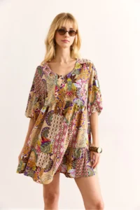 Olalook Women's Multicolor V-Neck Balloon Sleeve Woven Viscose Dress - Image 3