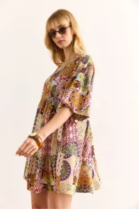Olalook Women's Multicolor V-Neck Balloon Sleeve Woven Viscose Dress - Image 4