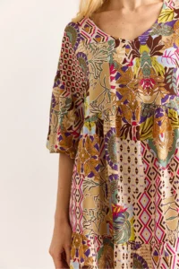 Olalook Women's Multicolor V-Neck Balloon Sleeve Woven Viscose Dress - Image 5