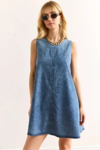 Olalook Women's Blue Back Zippered Sewing Detailed Denim A-Line Dress
