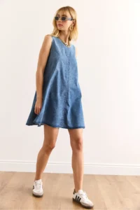 Olalook Women's Blue Back Zippered Sewing Detailed Denim A-Line Dress - Image 2