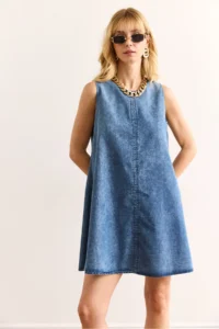 Olalook Women's Blue Back Zippered Sewing Detailed Denim A-Line Dress - Image 3