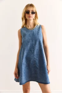 Olalook Women's Blue Back Zippered Sewing Detailed Denim A-Line Dress - Image 4