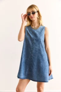 Olalook Women's Blue Back Zippered Sewing Detailed Denim A-Line Dress - Image 5