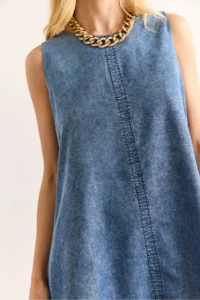 Olalook Women's Blue Back Zippered Sewing Detailed Denim A-Line Dress - Image 6