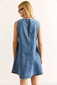 Olalook Women's Blue Back Zippered Sewing Detailed Denim A-Line Dress - Image 7
