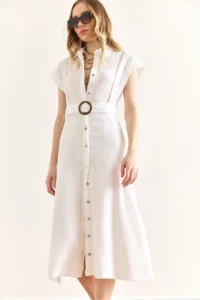 Olalook Women's White Lining Sewn Belted Muslin Shirt Dress