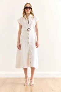 Olalook Women's White Lining Sewn Belted Muslin Shirt Dress - Image 2