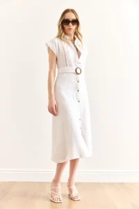 Olalook Women's White Lining Sewn Belted Muslin Shirt Dress - Image 3