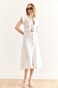 Olalook Women's White Lining Sewn Belted Muslin Shirt Dress - Image 4