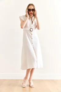 Olalook Women's White Lining Sewn Belted Muslin Shirt Dress - Image 5
