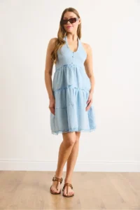 Olalook Women's Baby Blue Scallop Lace Detailed Halter Collar Muslin Dress - Image 2