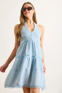 Olalook Women's Baby Blue Scallop Lace Detailed Halter Collar Muslin Dress - Image 3