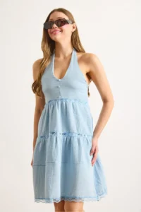 Olalook Women's Baby Blue Scallop Lace Detailed Halter Collar Muslin Dress - Image 4