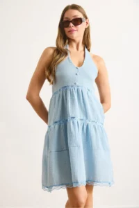 Olalook Women's Baby Blue Scallop Lace Detailed Halter Collar Muslin Dress - Image 5