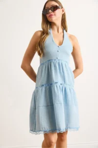 Olalook Women's Baby Blue Scallop Lace Detailed Halter Collar Muslin Dress - Image 6