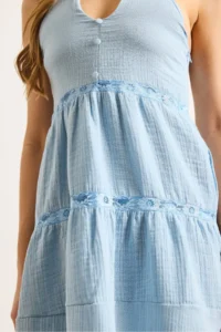 Olalook Women's Baby Blue Scallop Lace Detailed Halter Collar Muslin Dress - Image 7