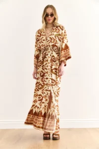 Olalook Women's Ethnic Brown Double Breasted Collar Waist Glitter Maxi Slit Viscose Dress - Image 2