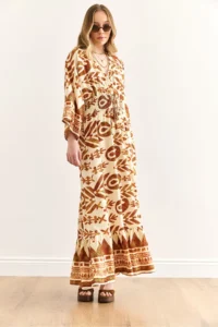 Olalook Women's Ethnic Brown Double Breasted Collar Waist Glitter Maxi Slit Viscose Dress - Image 3