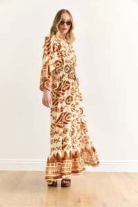 Olalook Women's Ethnic Brown Double Breasted Collar Waist Glitter Maxi Slit Viscose Dress - Image 4