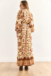 Olalook Women's Ethnic Brown Double Breasted Collar Waist Glitter Maxi Slit Viscose Dress - Image 7